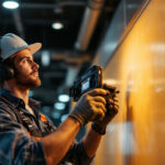 A photograph of a skilled technician using keystone technology equipment to install advanced lighting solutions in a modern space