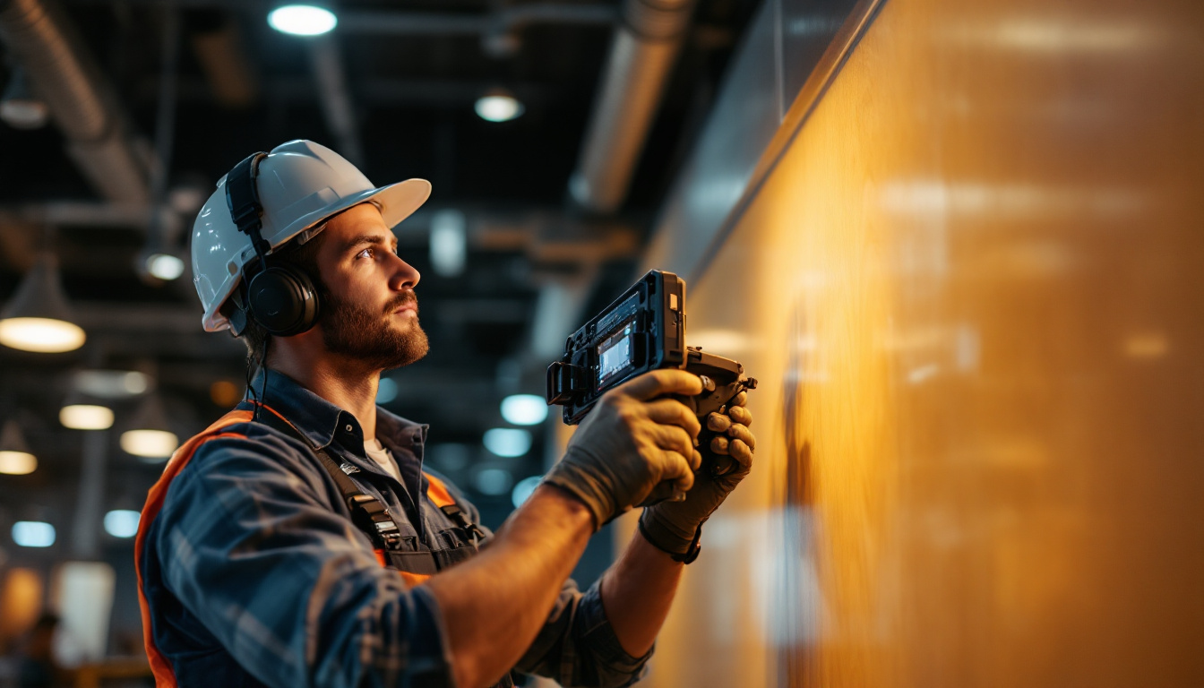 A photograph of a skilled technician using keystone technology equipment to install advanced lighting solutions in a modern space