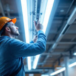 A photograph of a lighting contractor installing t8 led lights in a commercial space