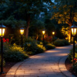 A photograph of a well-lit outdoor space featuring elegant solar-powered post lights illuminating a pathway or garden