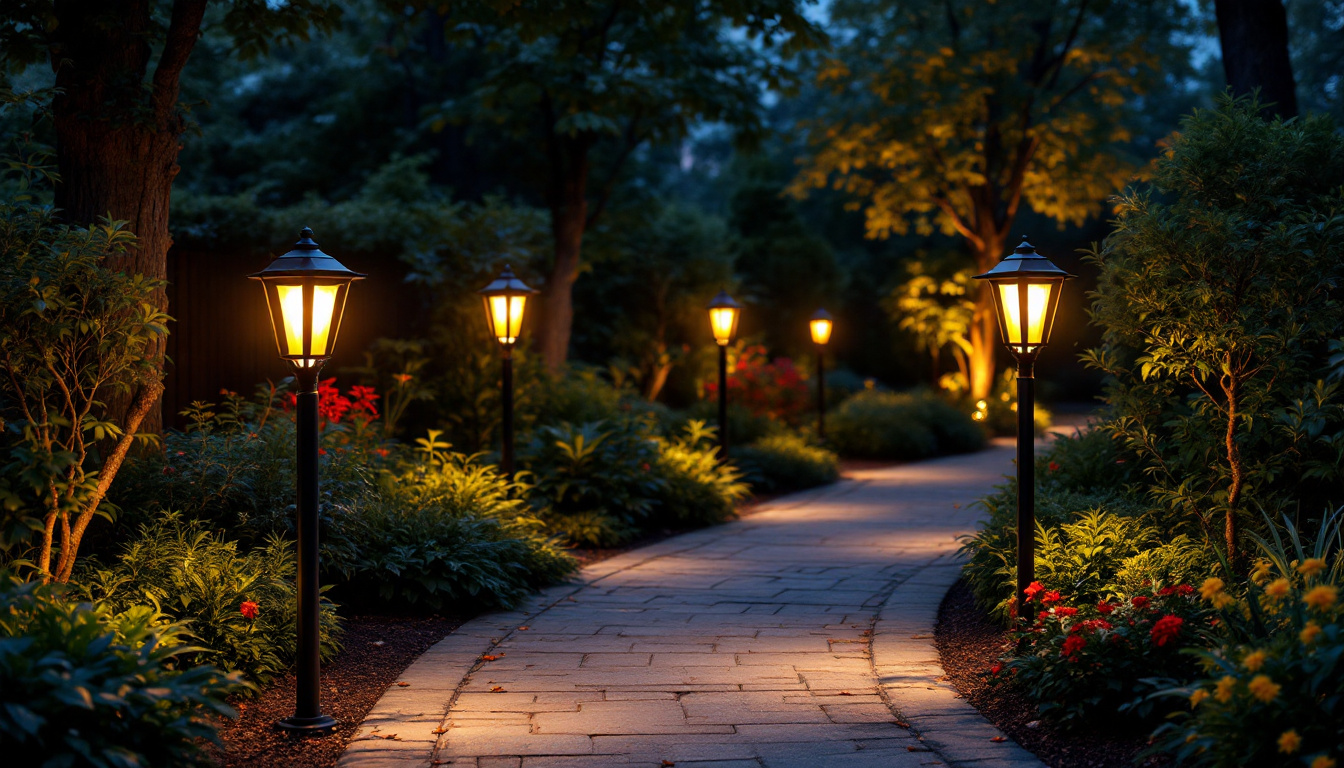 A photograph of a well-lit outdoor space featuring elegant solar-powered post lights illuminating a pathway or garden
