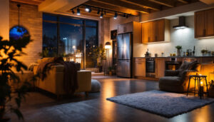 A photograph of a beautifully lit basement showcasing modern can lights installed in various areas