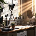 A photograph of a well-lit workspace featuring various lighting fixtures and tools used by lighting professionals