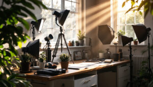 A photograph of a well-lit workspace featuring various lighting fixtures and tools used by lighting professionals