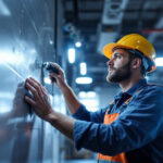 A photograph of a lighting contractor in action