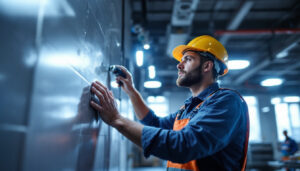 A photograph of a lighting contractor in action