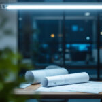 A photograph of a well-lit workspace featuring a t8 bulb fixture installed in a modern setting