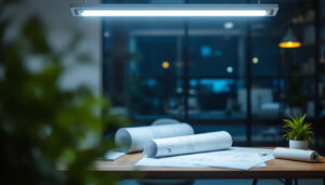 A photograph of a well-lit workspace featuring a t8 bulb fixture installed in a modern setting