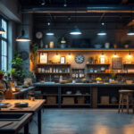 A photograph of a well-lit workshop or retail space showcasing a variety of solar shop lights in use