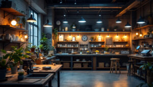A photograph of a well-lit workshop or retail space showcasing a variety of solar shop lights in use