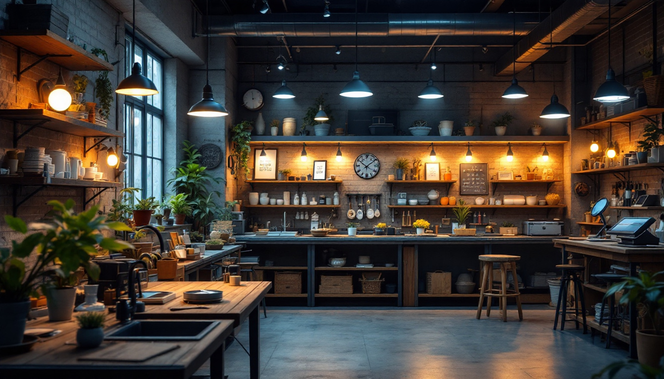 A photograph of a well-lit workshop or retail space showcasing a variety of solar shop lights in use
