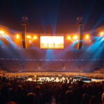 A photograph of a vibrant outdoor arena illuminated by powerful lighting fixtures during an event