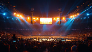 A photograph of a vibrant outdoor arena illuminated by powerful lighting fixtures during an event