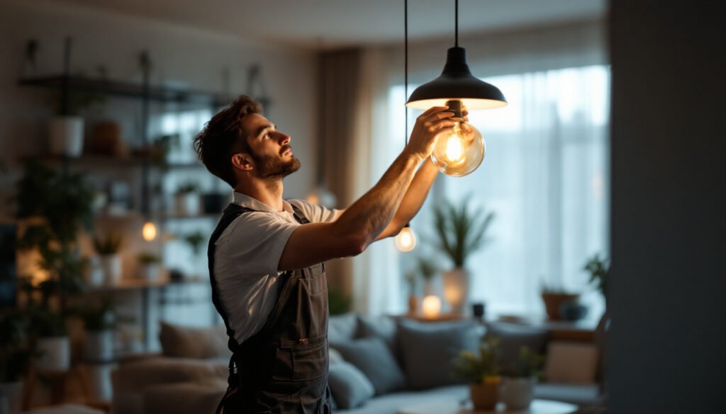 A photograph of a skilled lighting contractor expertly installing stylish hanging lights in a modern living space