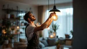 A photograph of a skilled lighting contractor expertly installing stylish hanging lights in a modern living space