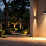 A photograph of a well-lit outdoor space featuring various styles of wall-mounted solar lights