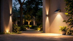 A photograph of a well-lit outdoor space featuring various styles of wall-mounted solar lights