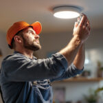 A photograph of a lighting contractor skillfully installing a retrofit can light in a modern home setting