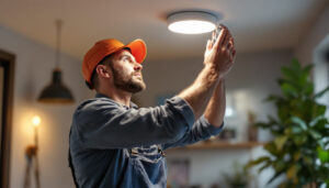 A photograph of a lighting contractor skillfully installing a retrofit can light in a modern home setting