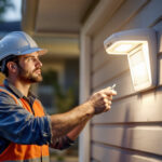 A photograph of a lighting contractor installing a motion detection light in a residential setting