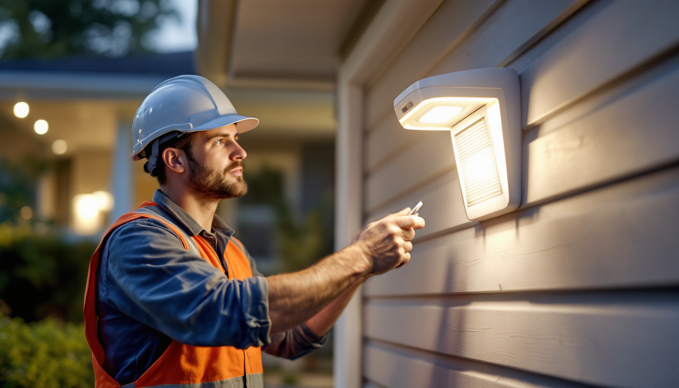 A photograph of a lighting contractor installing a motion detection light in a residential setting