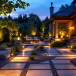 A photograph of a beautifully illuminated residential outdoor space at dusk