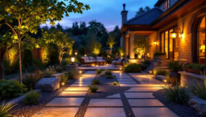 A photograph of a beautifully illuminated residential outdoor space at dusk