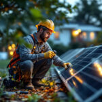 A photograph of a skilled lighting contractor installing solar lights with solar panels in a residential outdoor setting