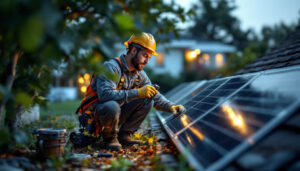 A photograph of a skilled lighting contractor installing solar lights with solar panels in a residential outdoor setting