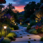A photograph of a beautifully landscaped outdoor space at dusk