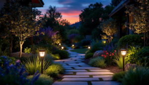 A photograph of a beautifully landscaped outdoor space at dusk