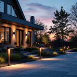 A photograph of a well-lit outdoor space showcasing various modern flood light designs in use