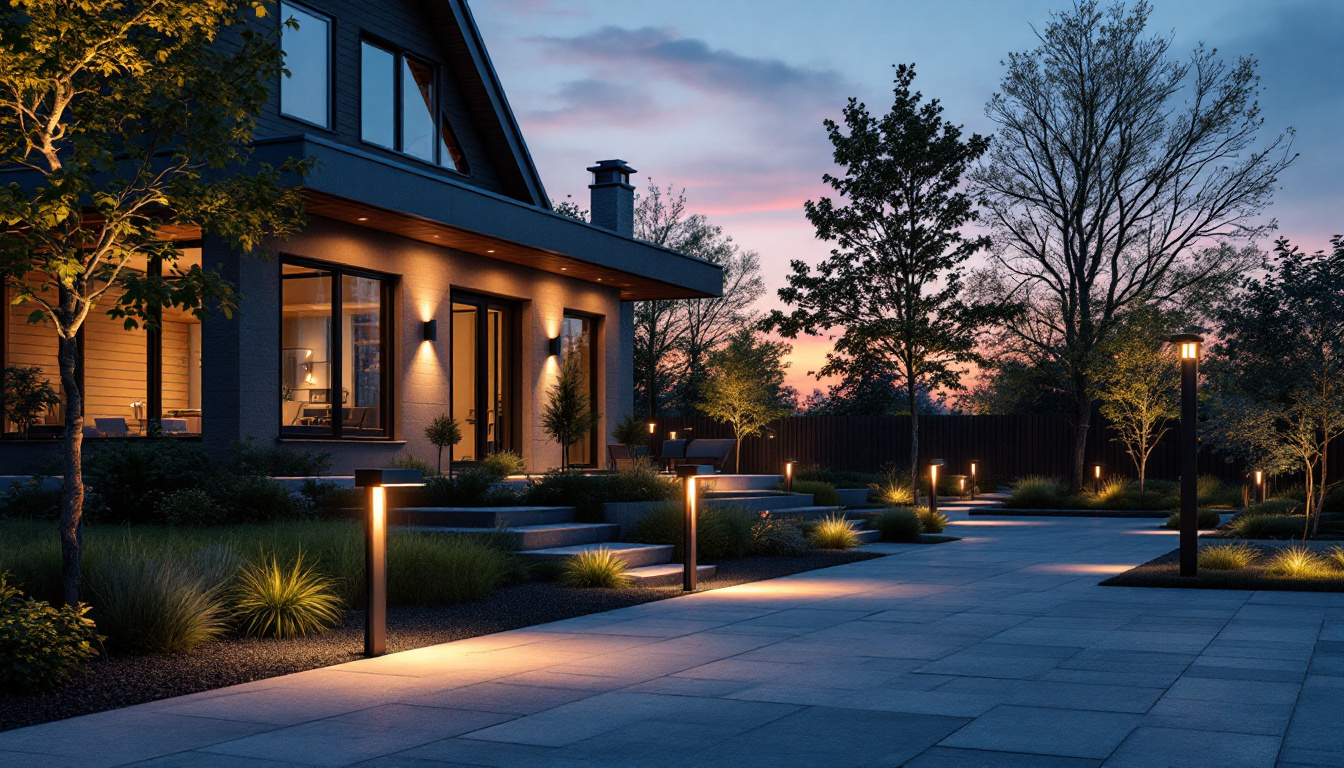 A photograph of a well-lit outdoor space showcasing various modern flood light designs in use