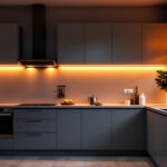 A photograph of a beautifully designed kitchen featuring under cabinet led strip lighting