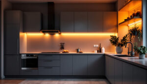 A photograph of a beautifully designed kitchen featuring under cabinet led strip lighting