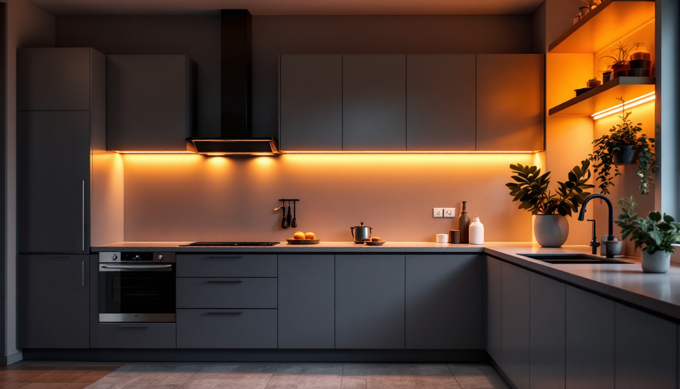 A photograph of a beautifully designed kitchen featuring under cabinet led strip lighting