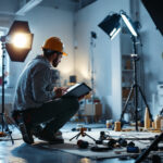 A photograph of a lighting contractor at work
