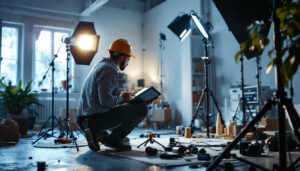 A photograph of a lighting contractor at work