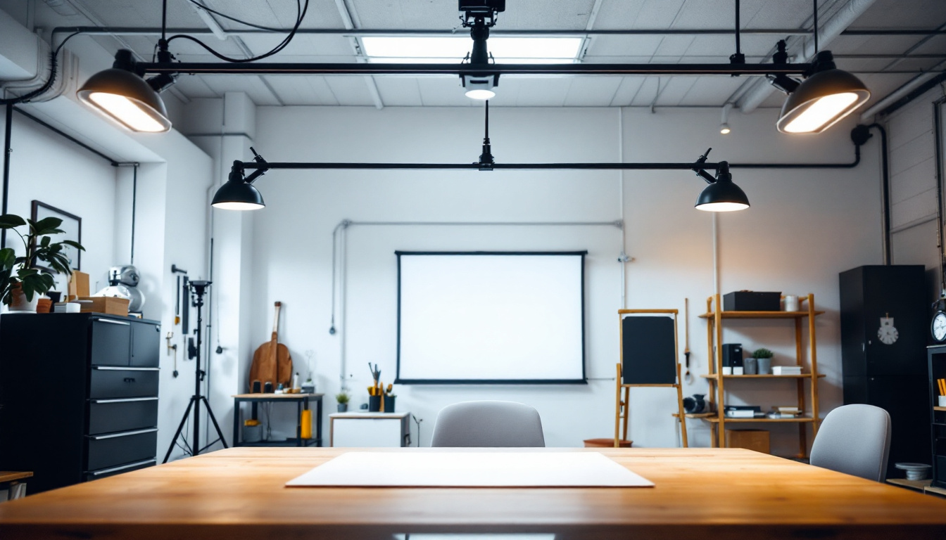 A photograph of a well-lit workspace featuring sleek 4ft led shop lights installed overhead