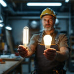 A photograph of a lighting contractor comparing t12 and t8 fluorescent bulbs in a well-lit workspace