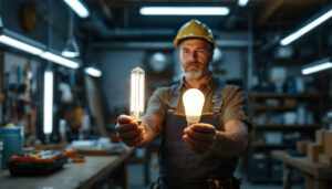 A photograph of a lighting contractor comparing t12 and t8 fluorescent bulbs in a well-lit workspace