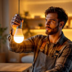 A photograph of a lighting contractor installing led bulbs in a modern home setting