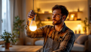 A photograph of a lighting contractor installing led bulbs in a modern home setting