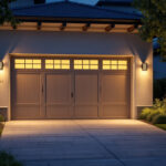 A photograph of a beautifully illuminated garage door at dusk