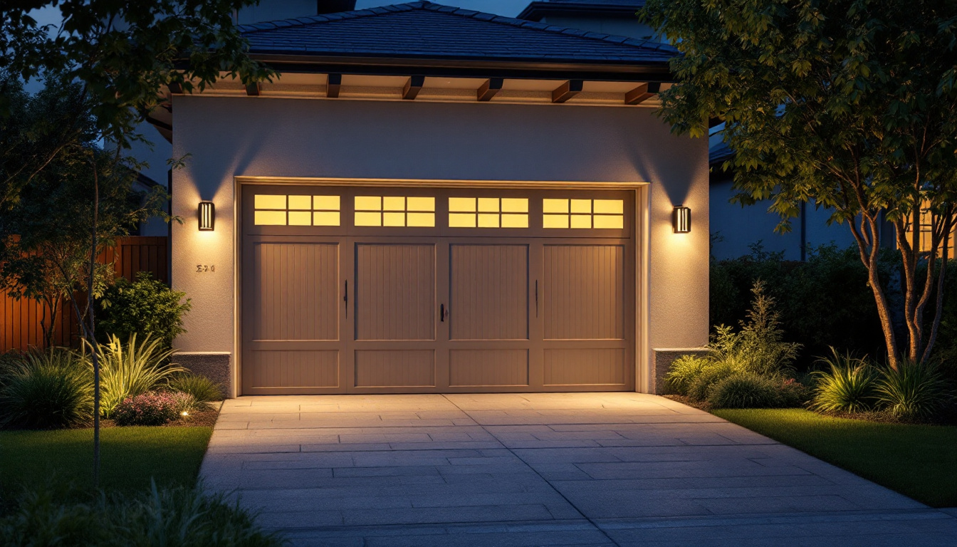 A photograph of a beautifully illuminated garage door at dusk