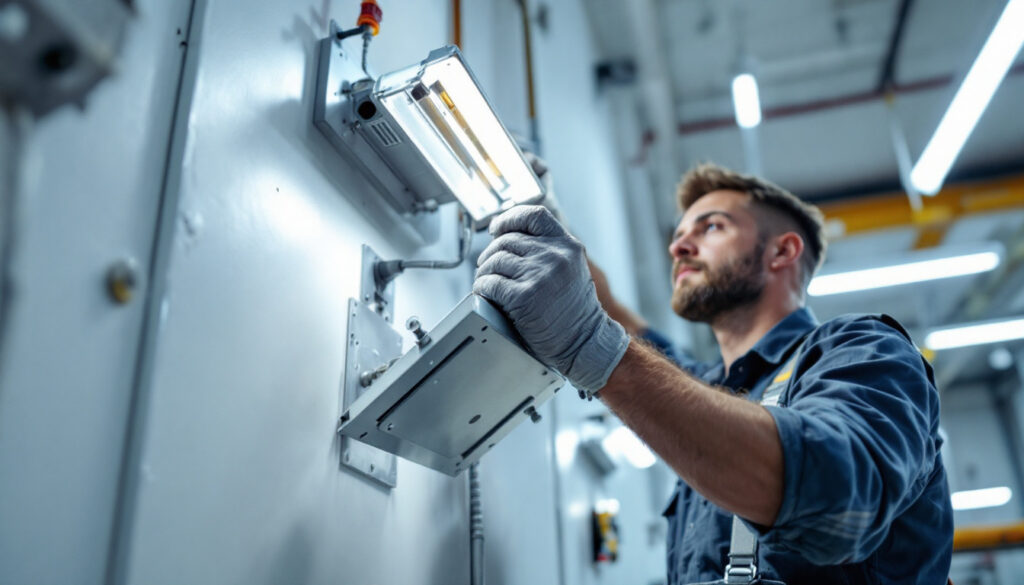 A photograph of a skilled lighting contractor installing a metal electrical box cover in a well-lit workspace