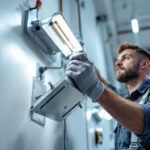 A photograph of a skilled lighting contractor installing a metal electrical box cover in a well-lit workspace