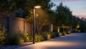 A photograph of a well-designed outdoor light pole with an integrated electrical outlet