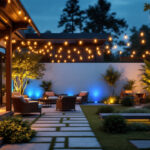 A photograph of a beautifully illuminated outdoor space showcasing creative lighting designs