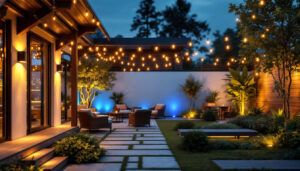 A photograph of a beautifully illuminated outdoor space showcasing creative lighting designs